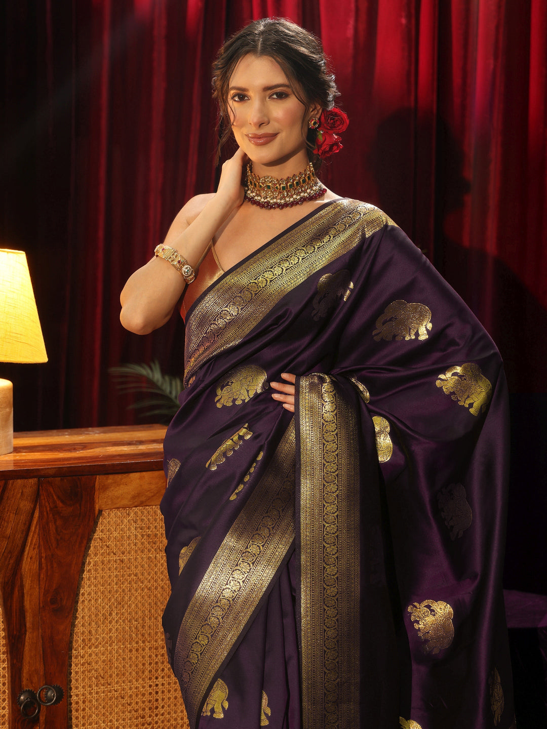 Libas Burgundy Elephant Motif Woven Design Silk Blend Saree
