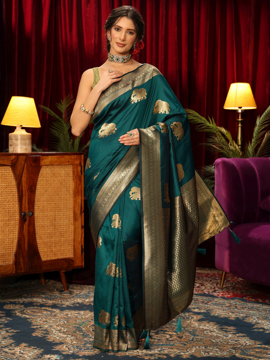 Libas Peacock Green Elephant Motif Kanjeevaram Silk Blend Saree