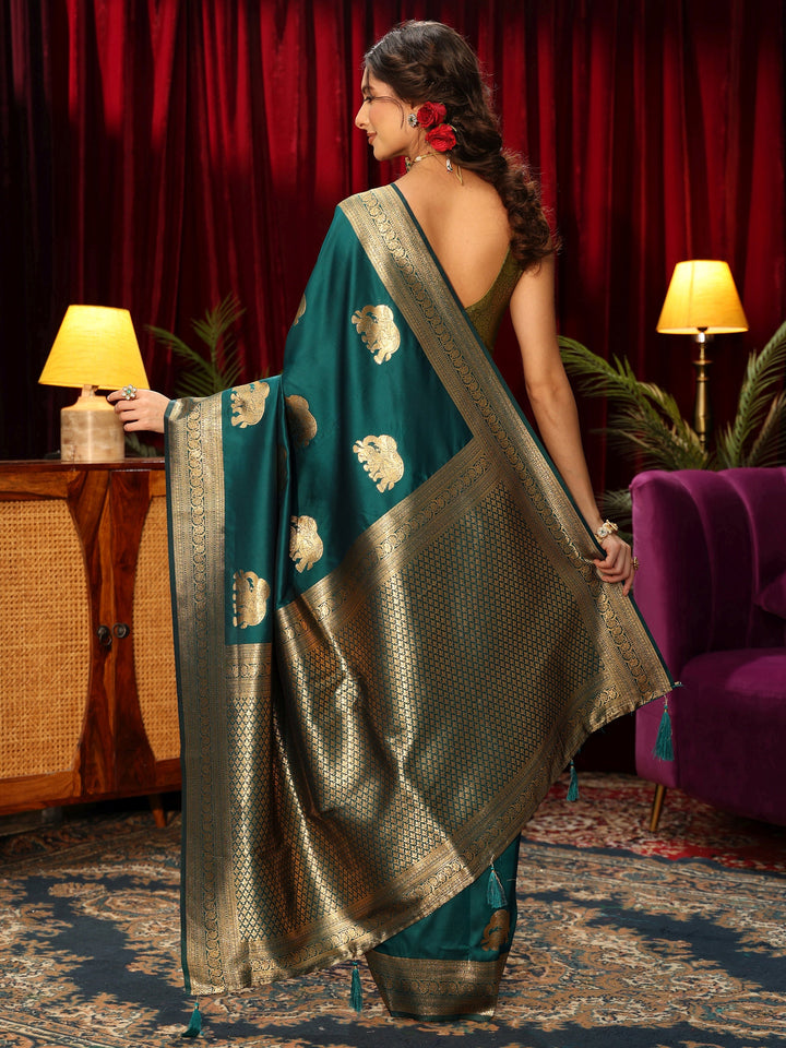 Libas Peacock Green Elephant Motif Kanjeevaram Silk Blend Saree