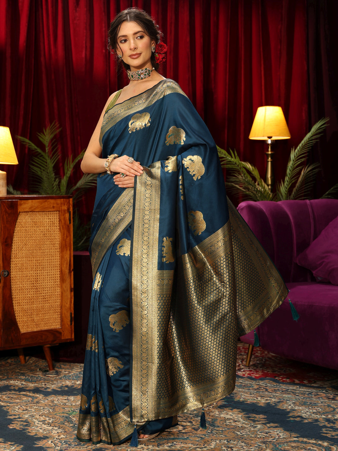 Libas Teal Blue Elephant Motif Woven Design Silk Blend Saree
