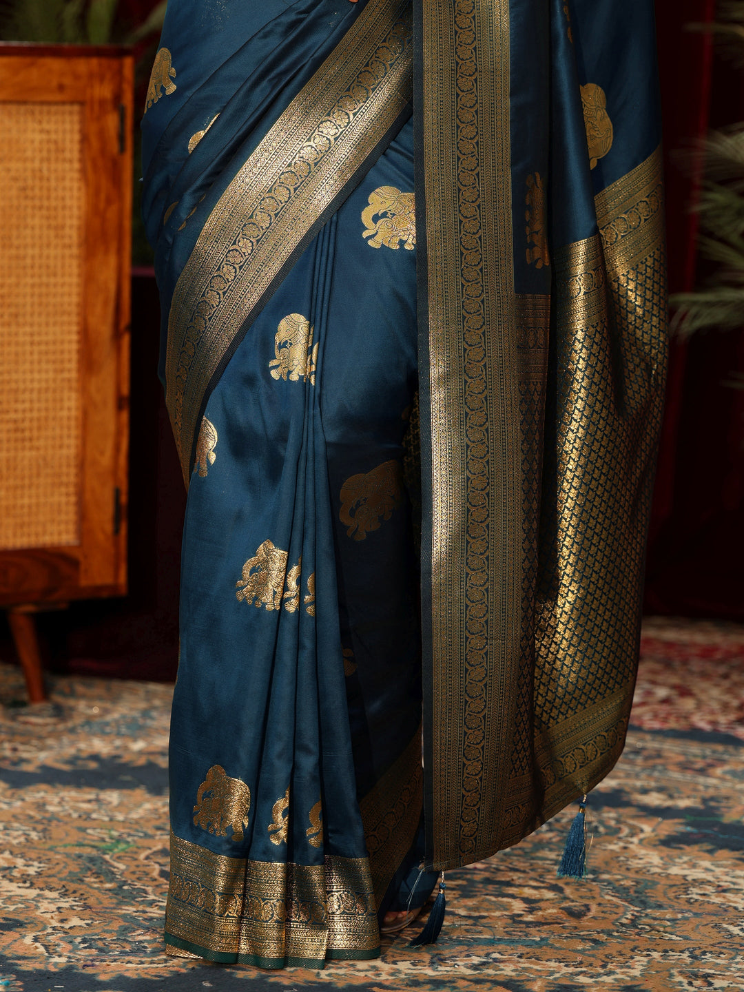 Libas Teal Blue Elephant Motif Woven Design Silk Blend Saree