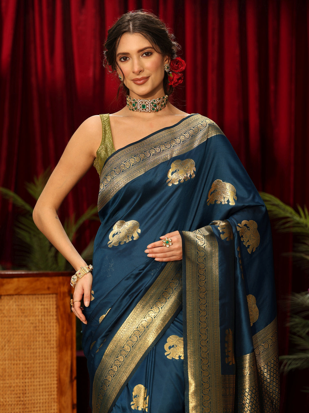 Libas Teal Blue Elephant Motif Woven Design Silk Blend Saree