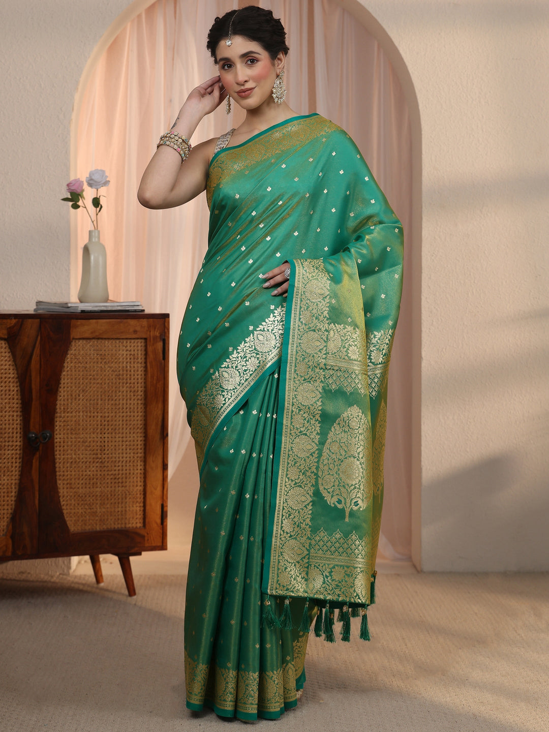 Libas Teal Green Woven Design Satin Tassel Saree