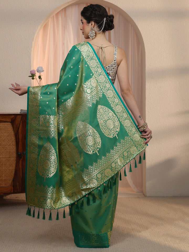 Libas Teal Green Woven Design Satin Tassel Saree