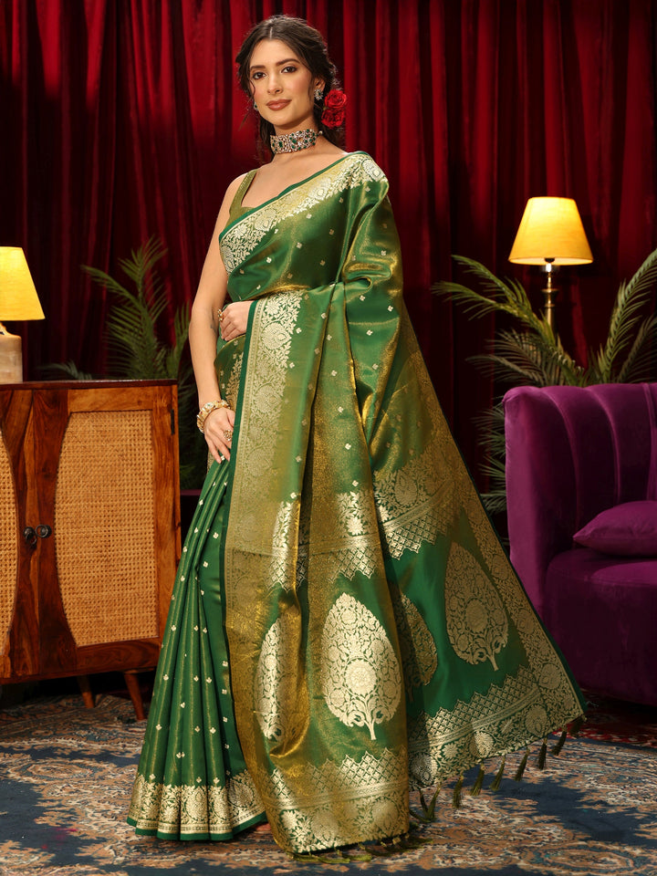 Libas Forest Green Floral Woven Design Satin Saree