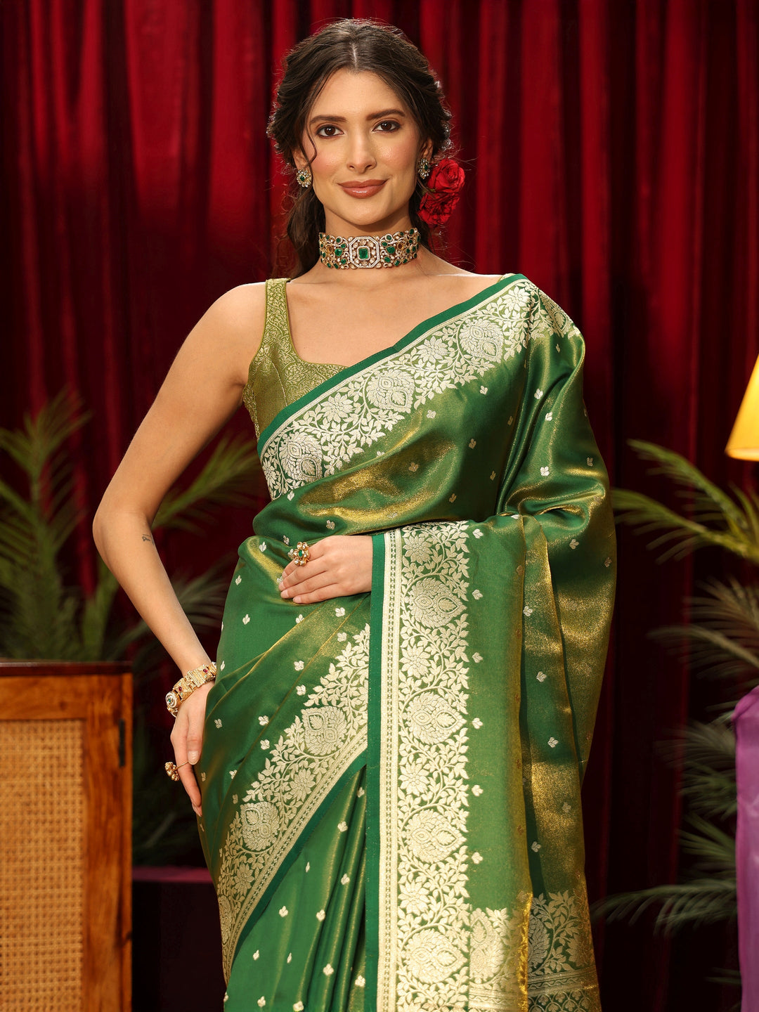 Libas Forest Green Floral Woven Design Satin Saree