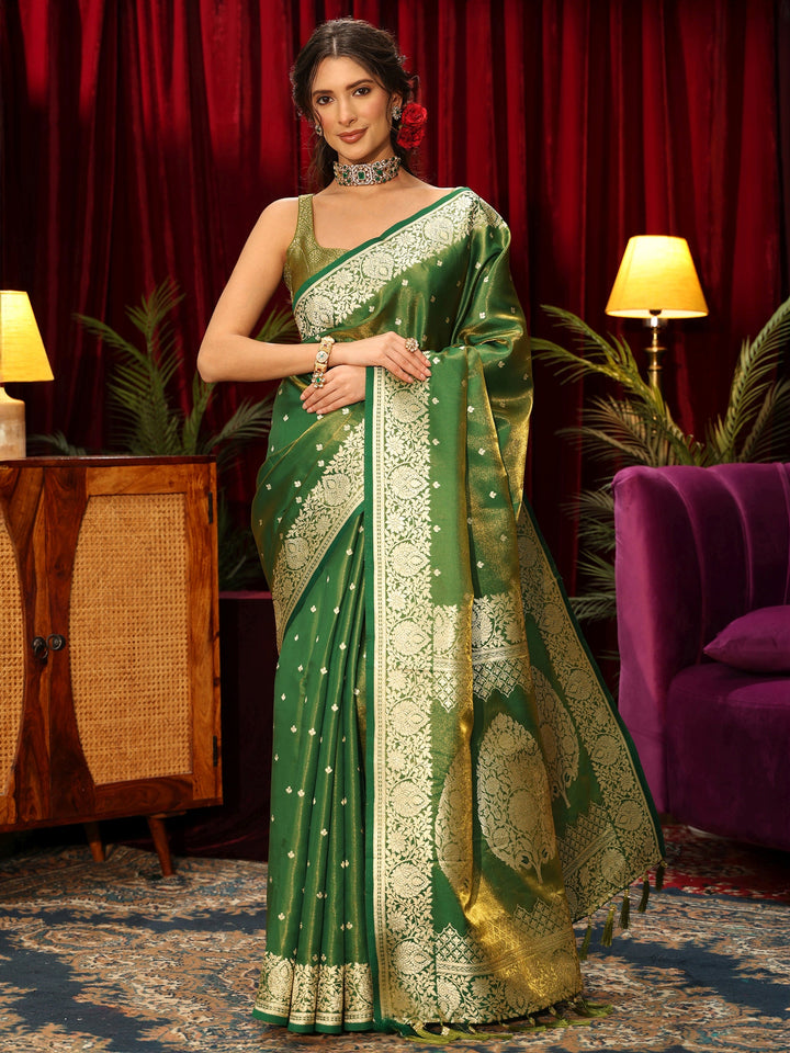 Libas Forest Green Floral Woven Design Satin Saree