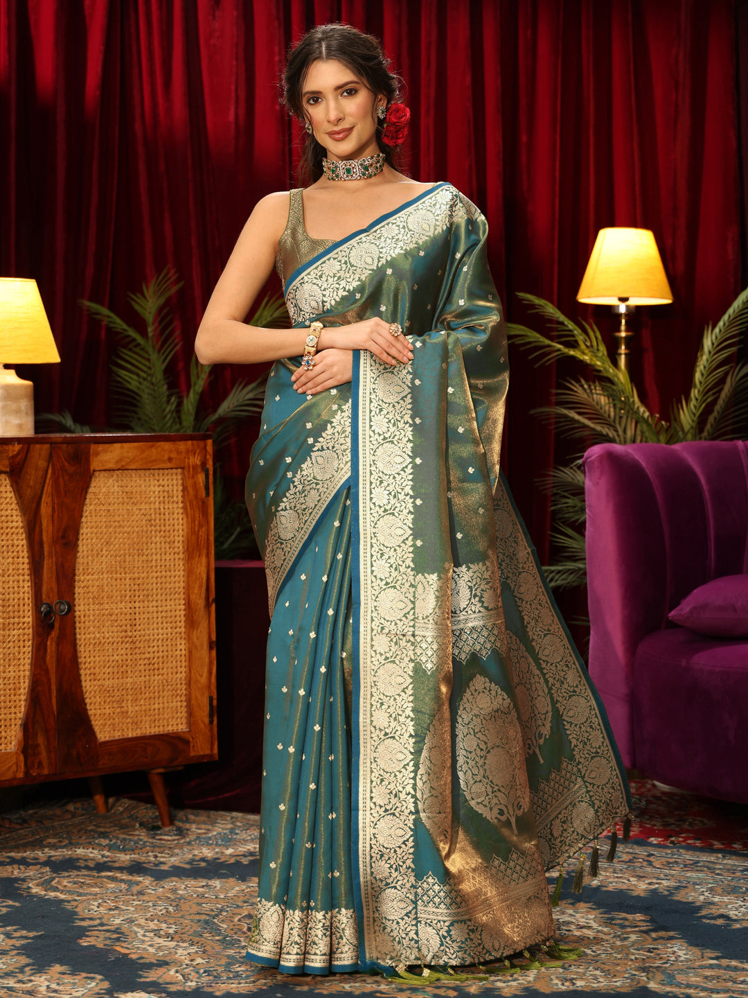 Libas Blue Ethnic Woven Design Satin Saree