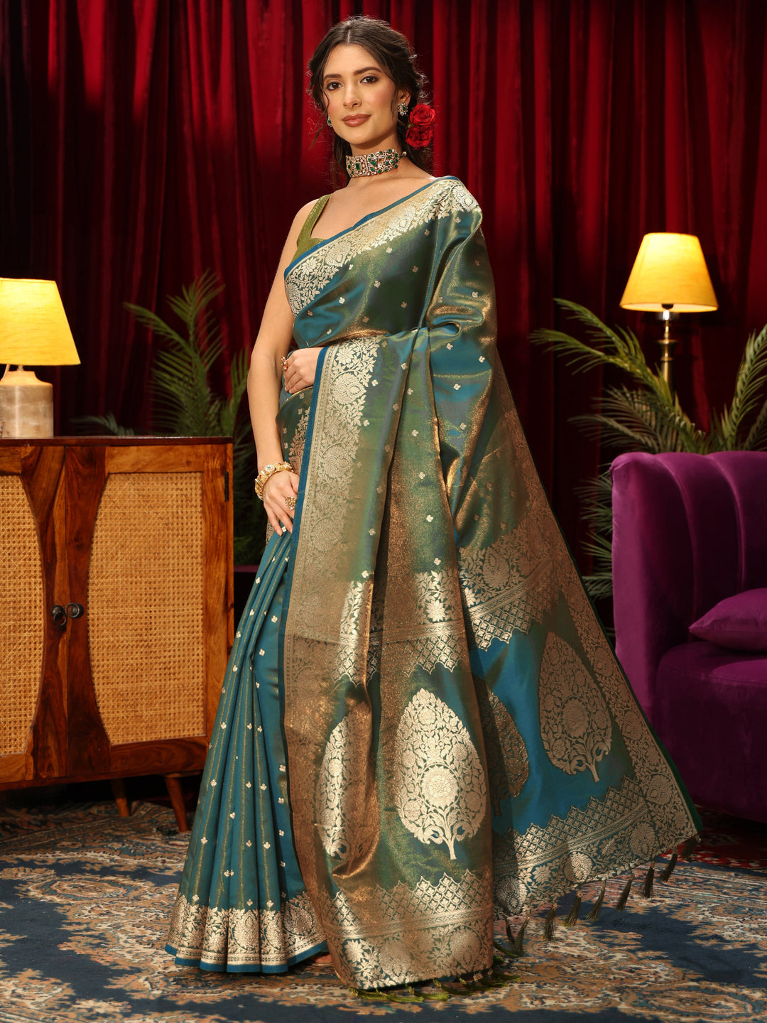 Libas Blue Ethnic Woven Design Satin Saree