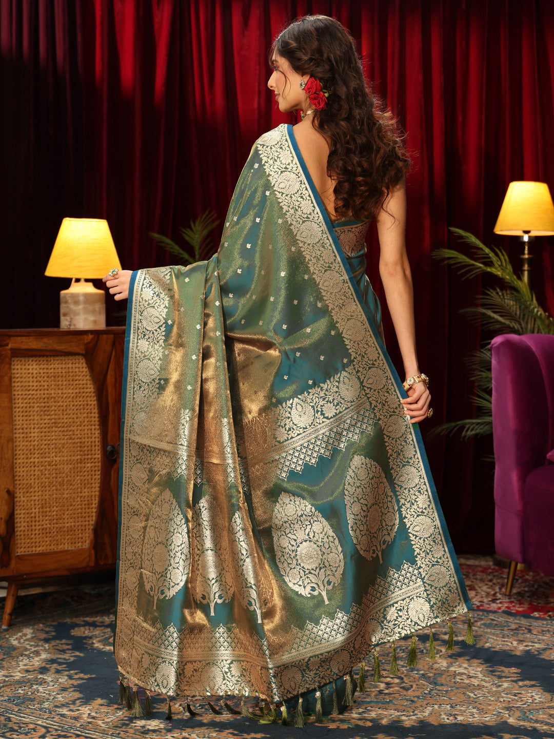 Libas Blue Ethnic Woven Design Satin Saree