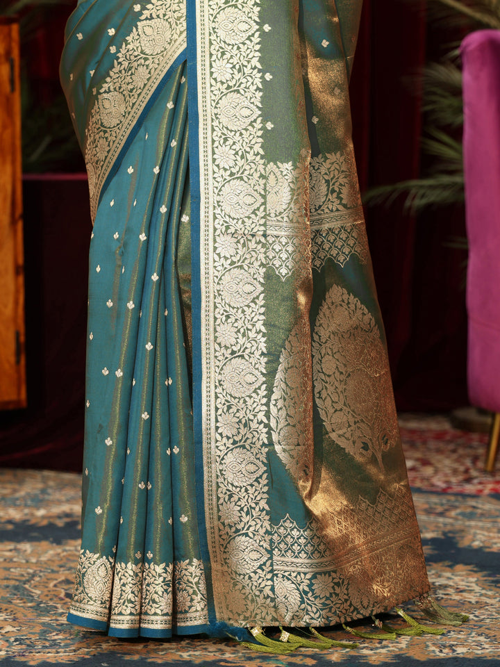 Libas Blue Ethnic Woven Design Satin Saree