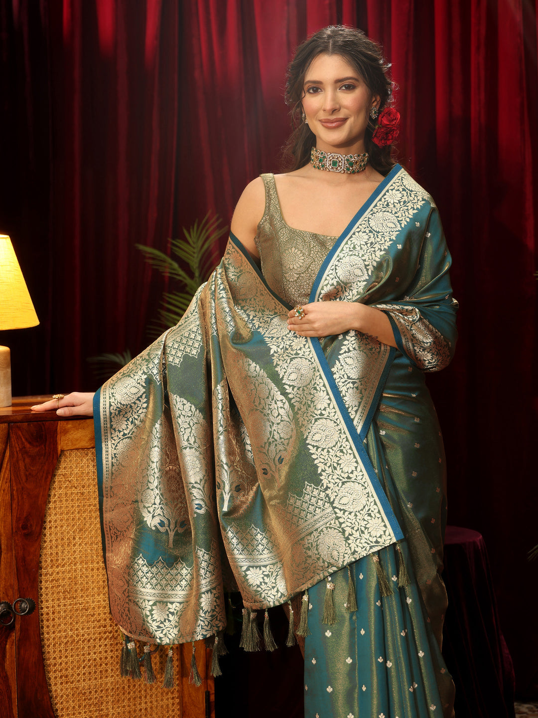 Libas Blue Ethnic Woven Design Satin Saree