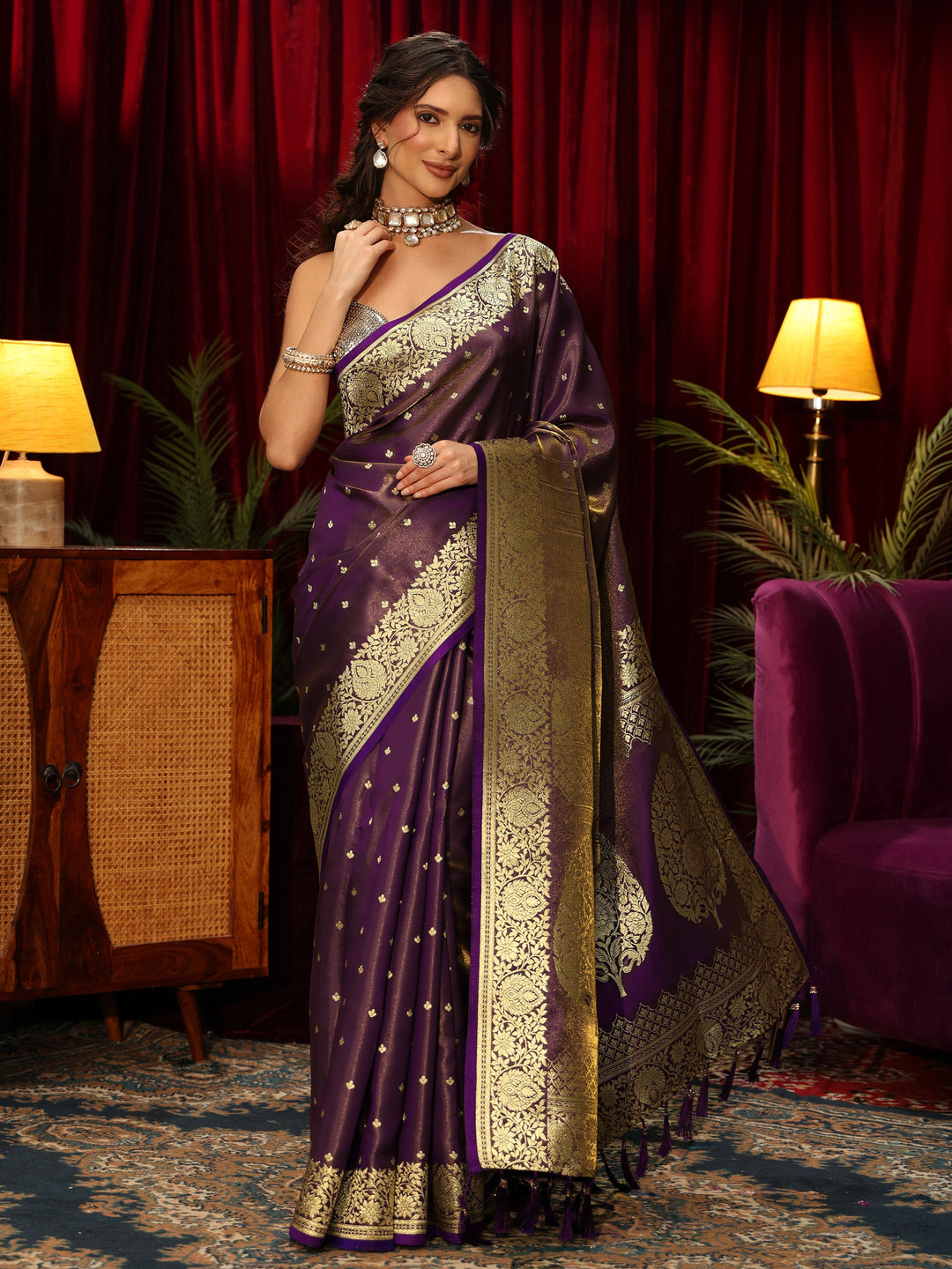 Libas Brown Banarasi Satin Tassel Saree