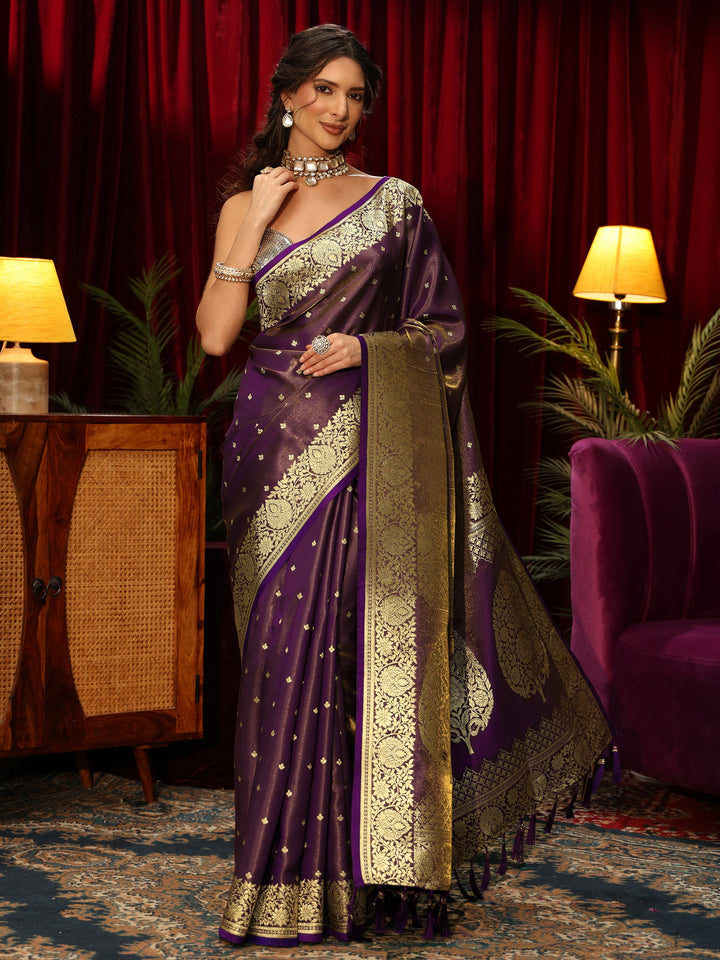 Libas Brown Banarasi Satin Tassel Saree