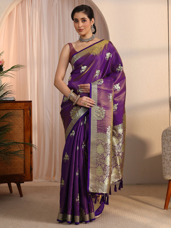 Libas Purple Ethnic Woven Design Satin Tassel Saree