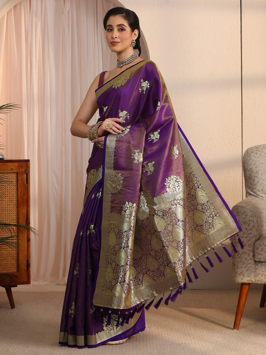 Libas Purple Ethnic Woven Design Satin Tassel Saree