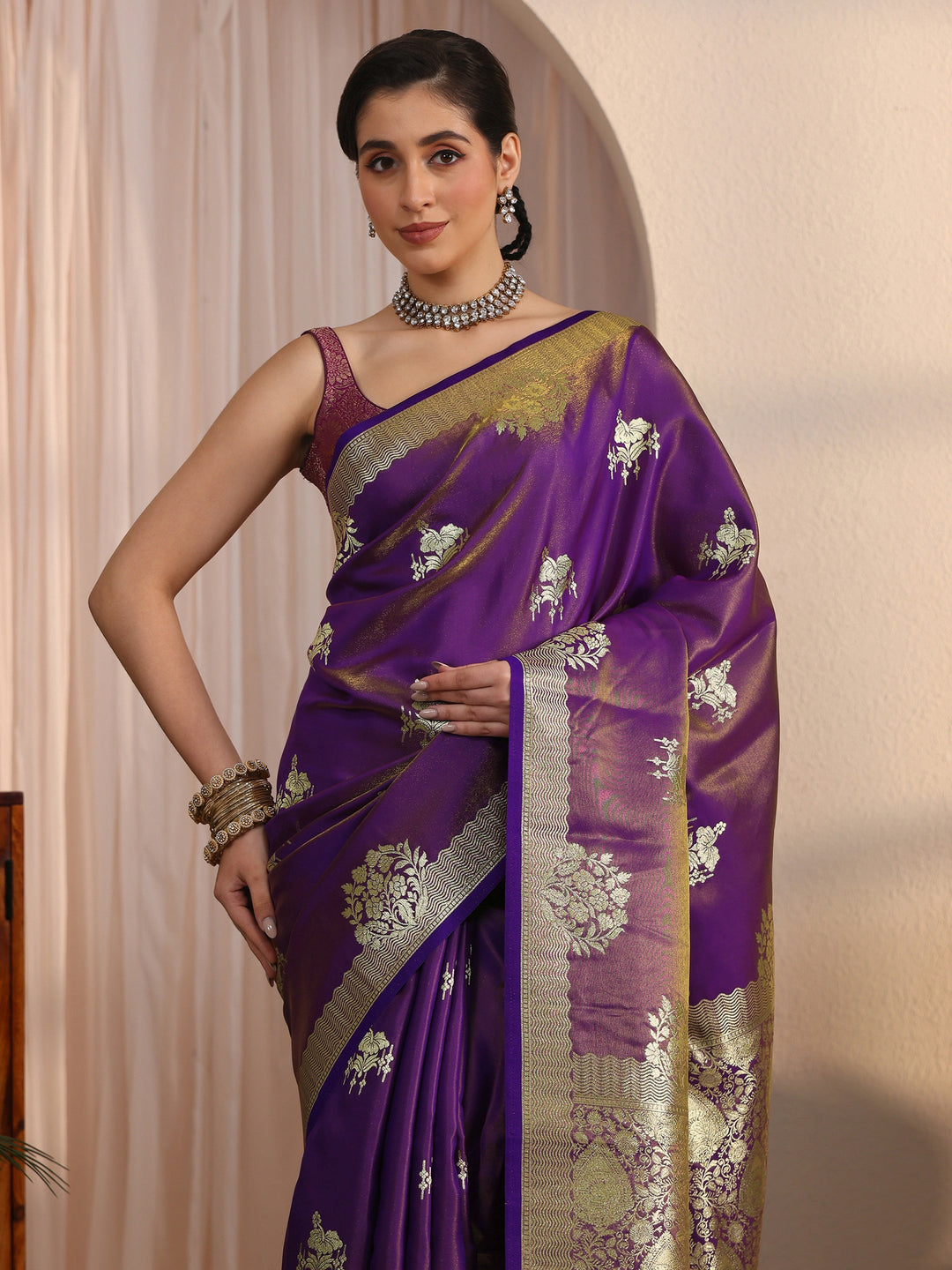 Libas Purple Ethnic Woven Design Satin Tassel Saree