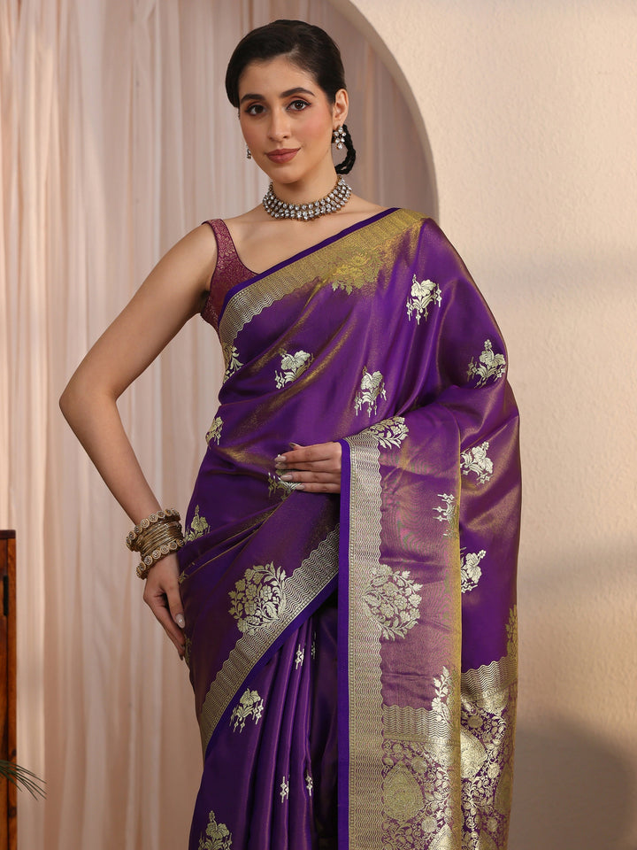 Libas Purple Ethnic Woven Design Satin Tassel Saree