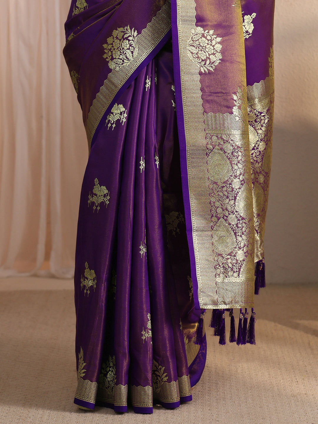 Libas Purple Ethnic Woven Design Satin Tassel Saree