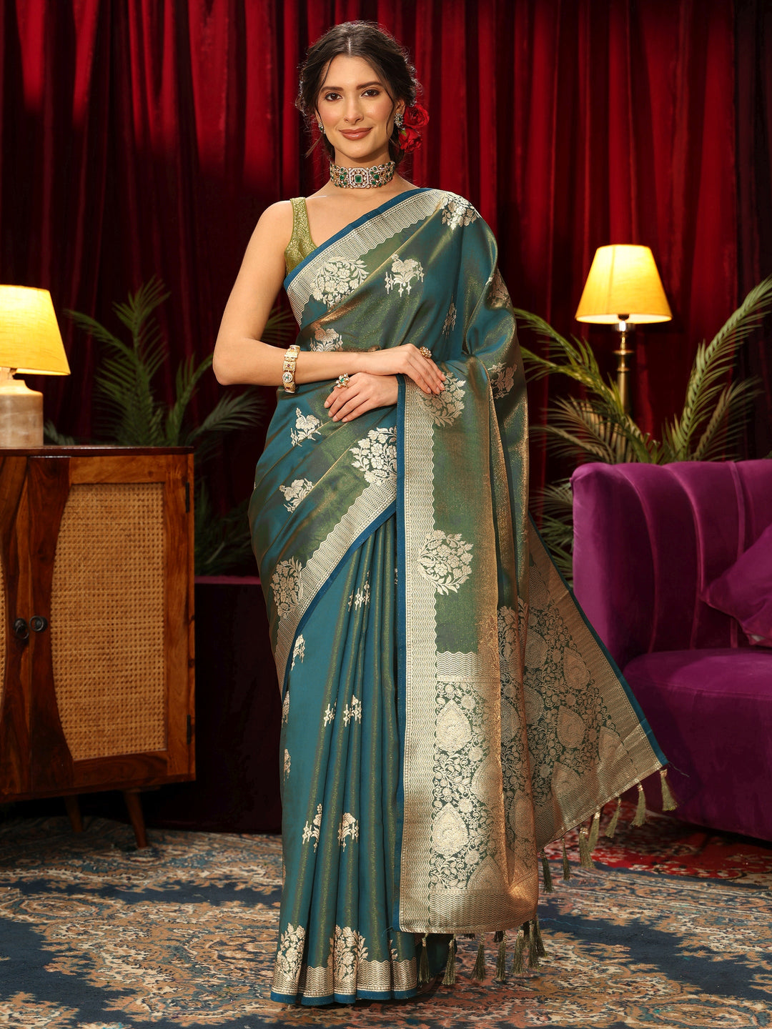 Libas Blue Floral Woven Design Satin Saree