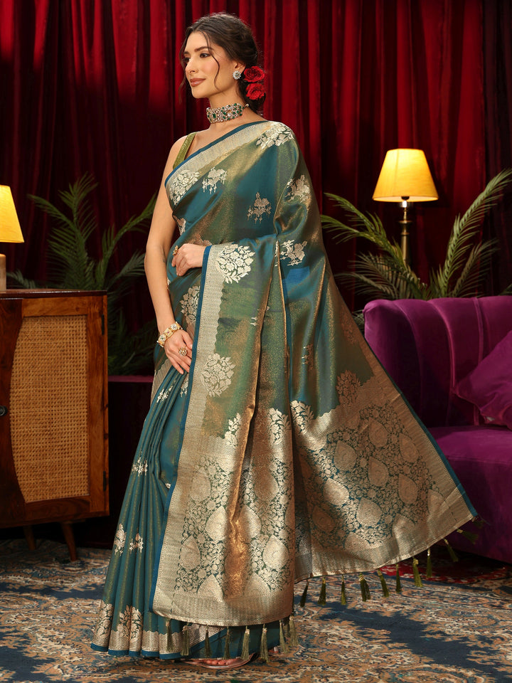 Libas Blue Floral Woven Design Satin Saree