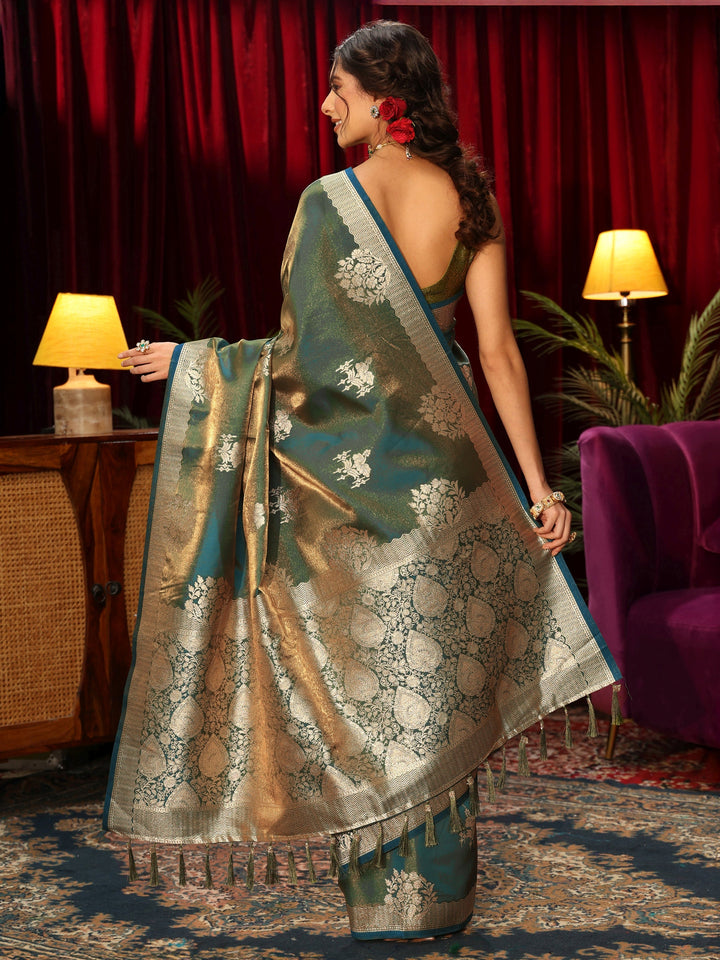 Libas Blue Floral Woven Design Satin Saree