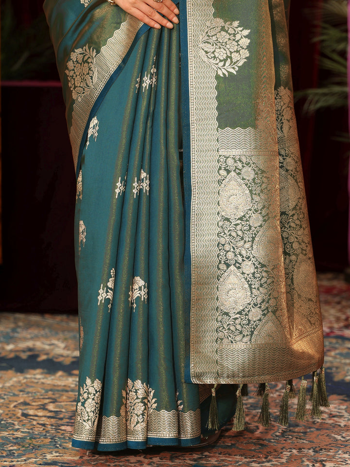 Libas Blue Floral Woven Design Satin Saree