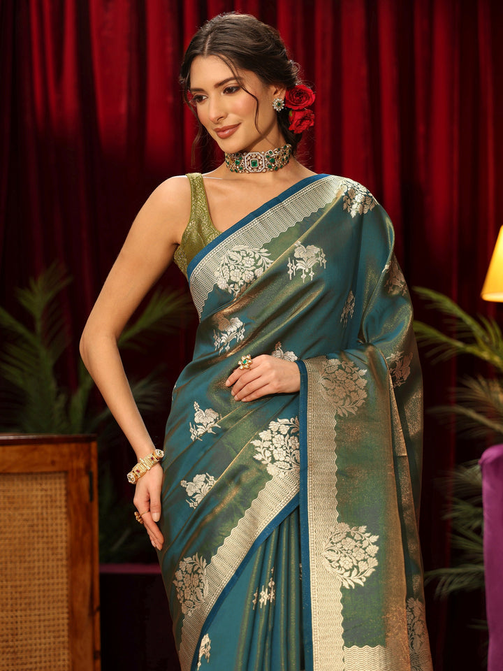 Libas Blue Floral Woven Design Satin Saree