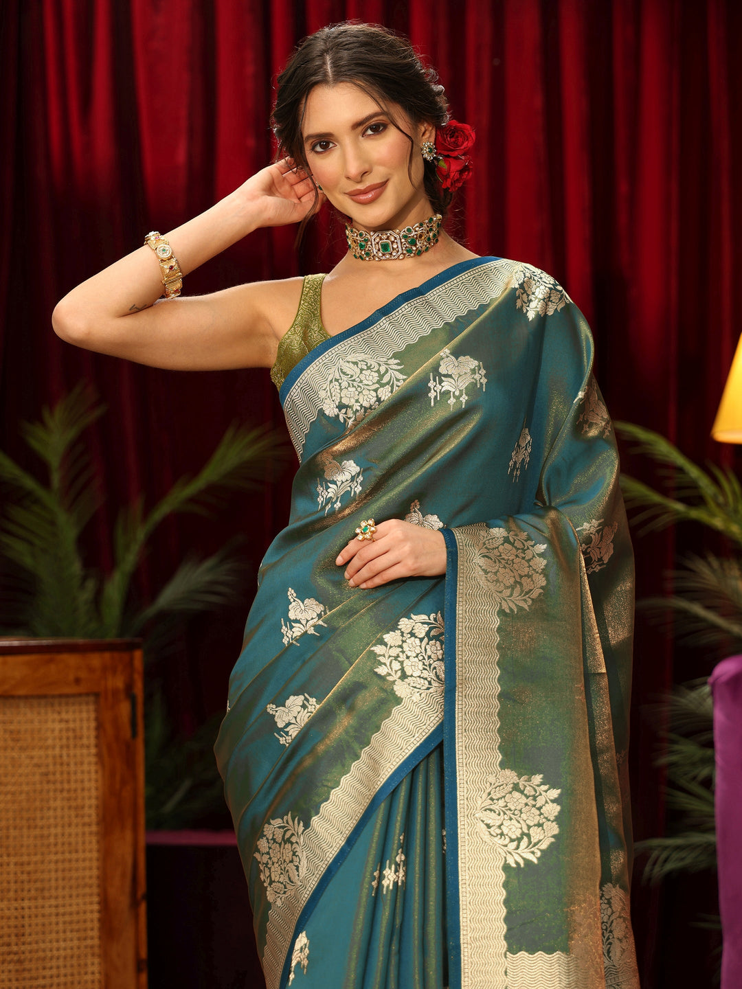 Libas Blue Floral Woven Design Satin Saree