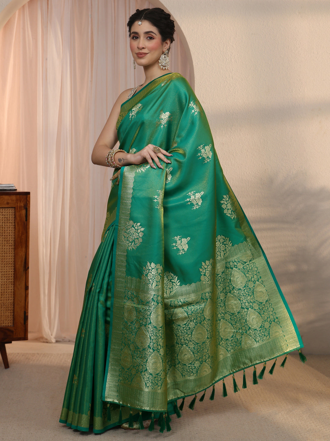 Libas Rama Green Woven Design Satin Tassel Saree