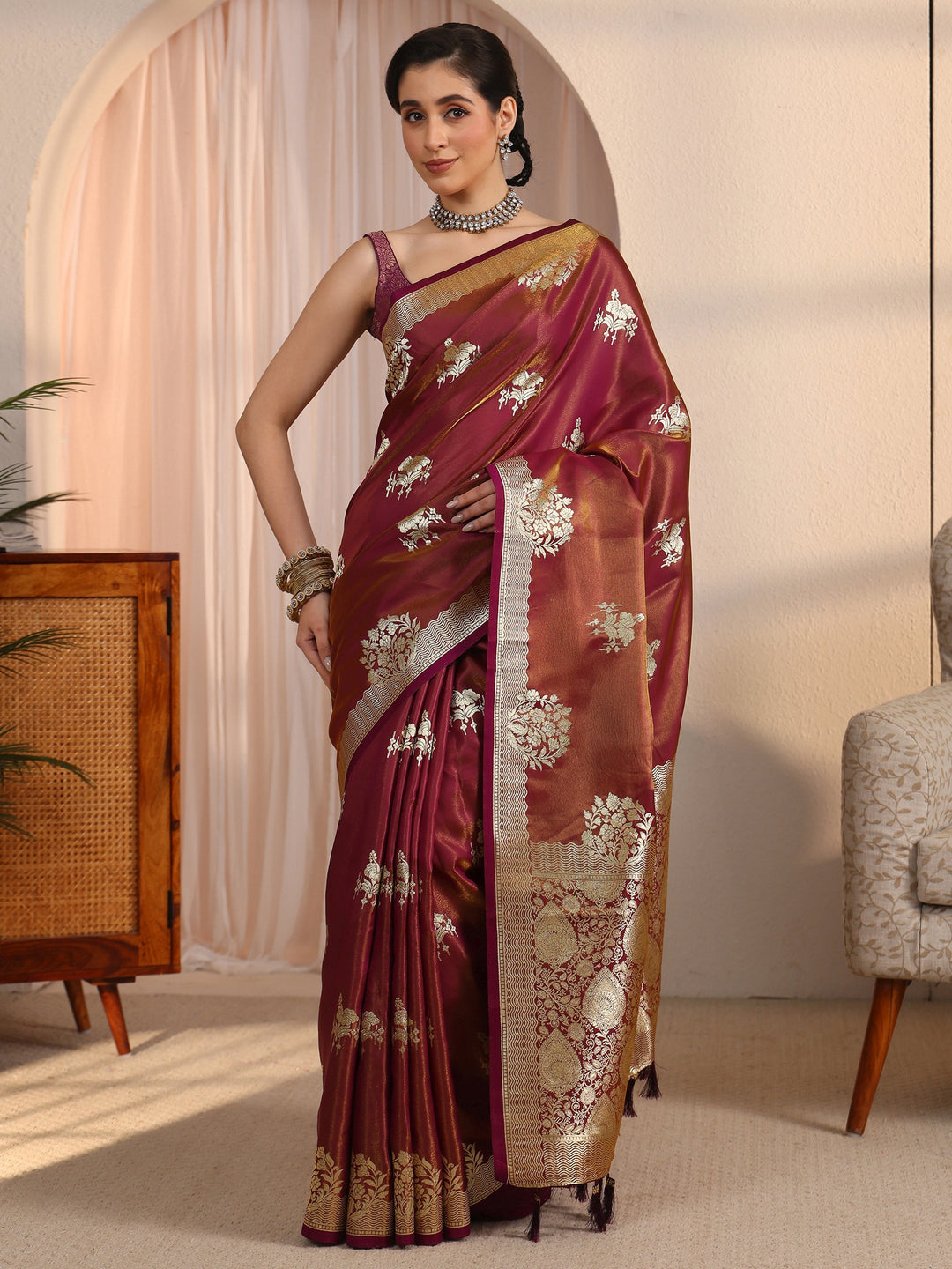 Libas Mauve Ethnic Woven Design Satin Tassel Saree