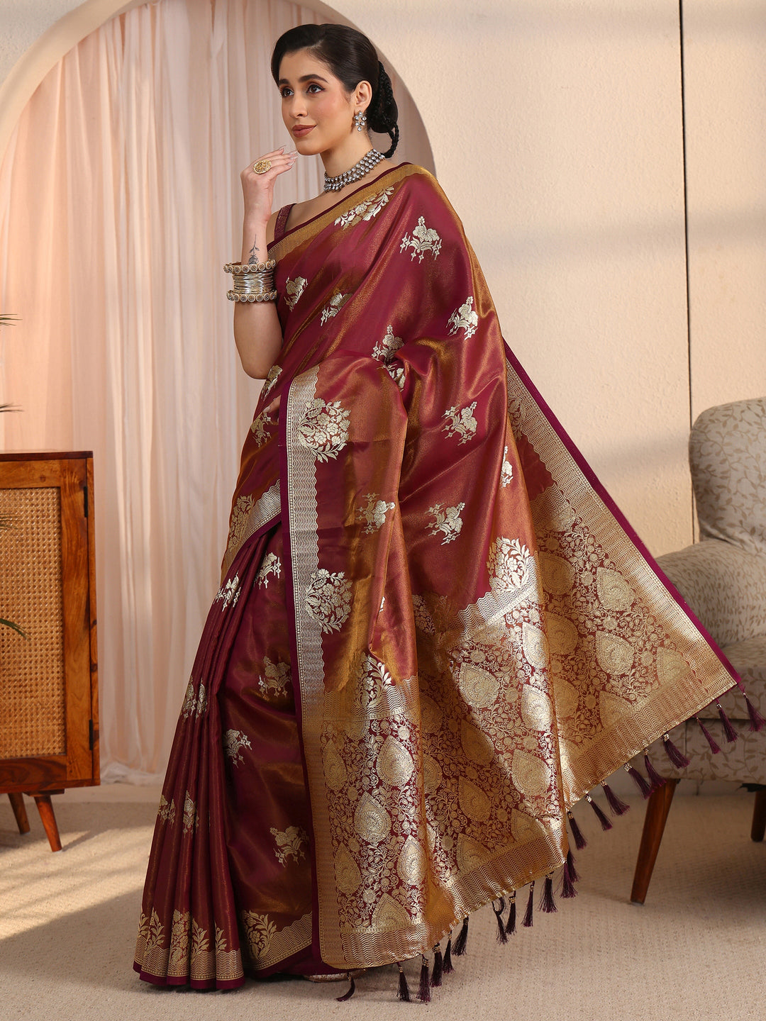 Libas Mauve Ethnic Woven Design Satin Tassel Saree