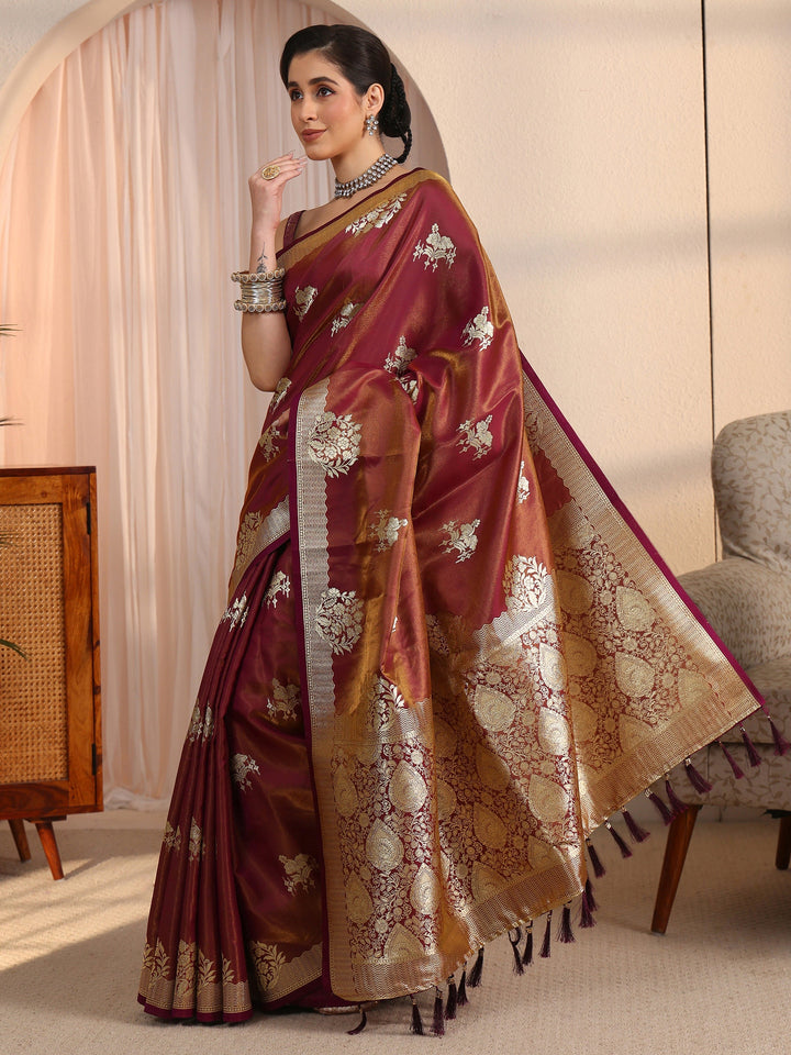 Libas Mauve Ethnic Woven Design Satin Tassel Saree