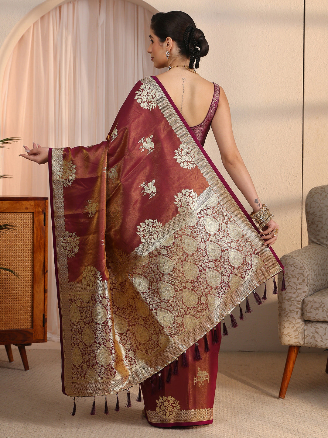 Libas Mauve Ethnic Woven Design Satin Tassel Saree