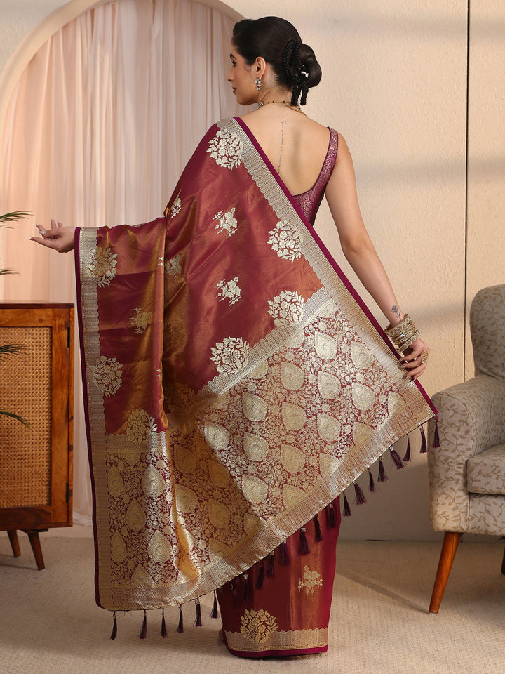 Libas Mauve Ethnic Woven Design Satin Tassel Saree
