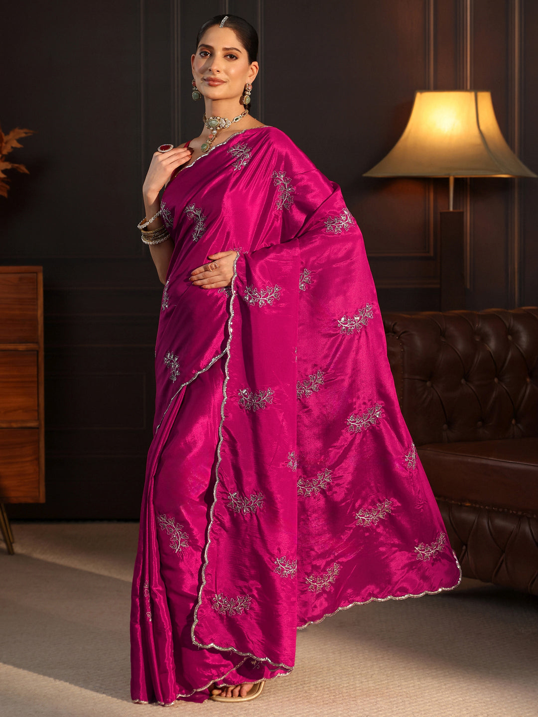 Libas Magenta Pink Embellished Satin Saree with Scalloped Border