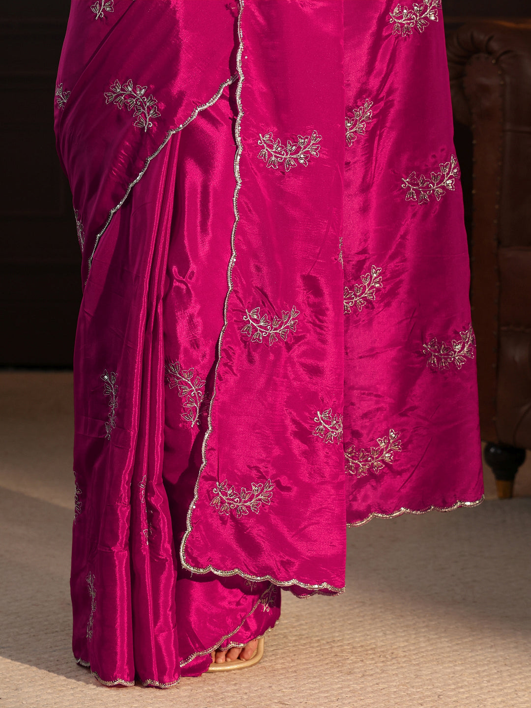 Libas Magenta Pink Embellished Satin Saree with Scalloped Border