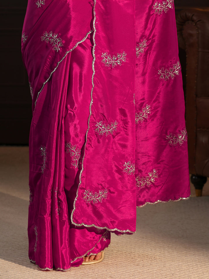 Libas Magenta Pink Embellished Satin Saree with Scalloped Border