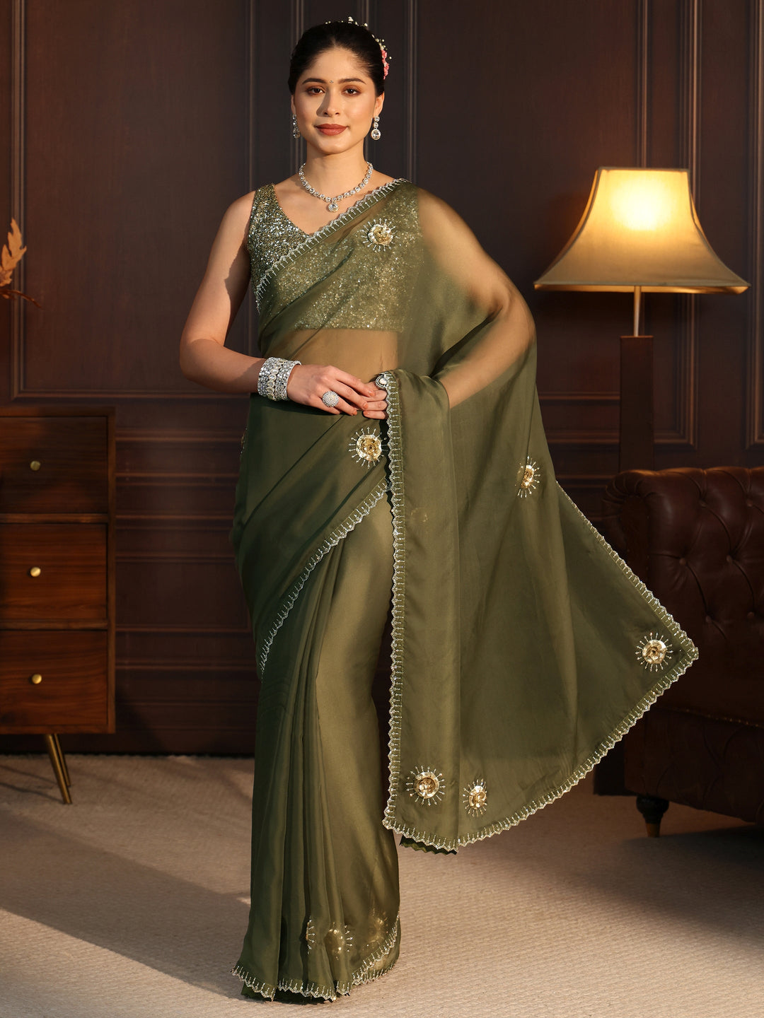 Libas Olive Green Embellished Organza Saree with Applique Design
