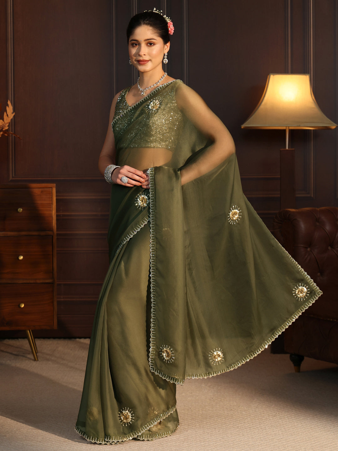 Libas Olive Green Embellished Organza Saree with Applique Design