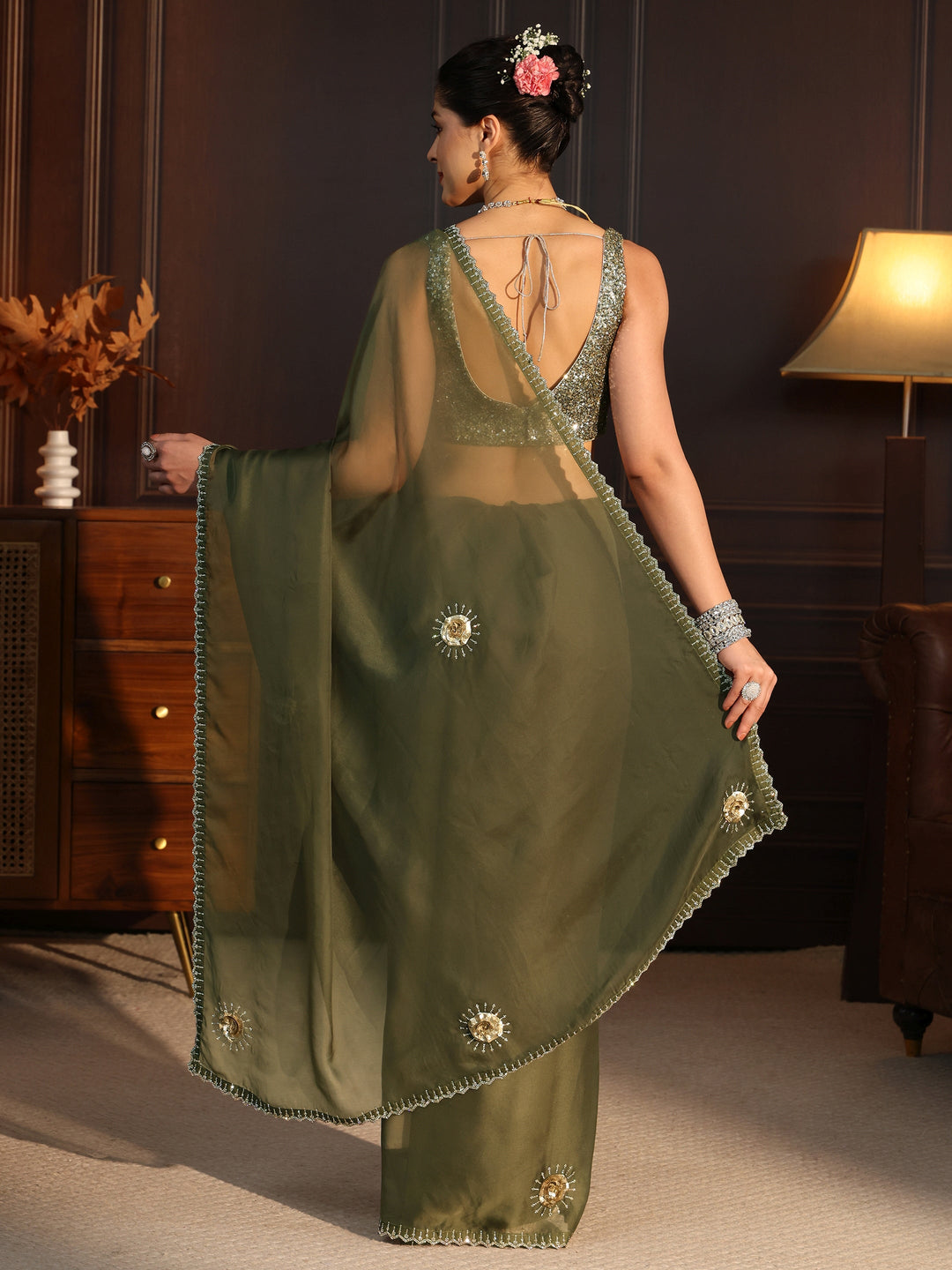 Libas Olive Green Embellished Organza Saree with Applique Design