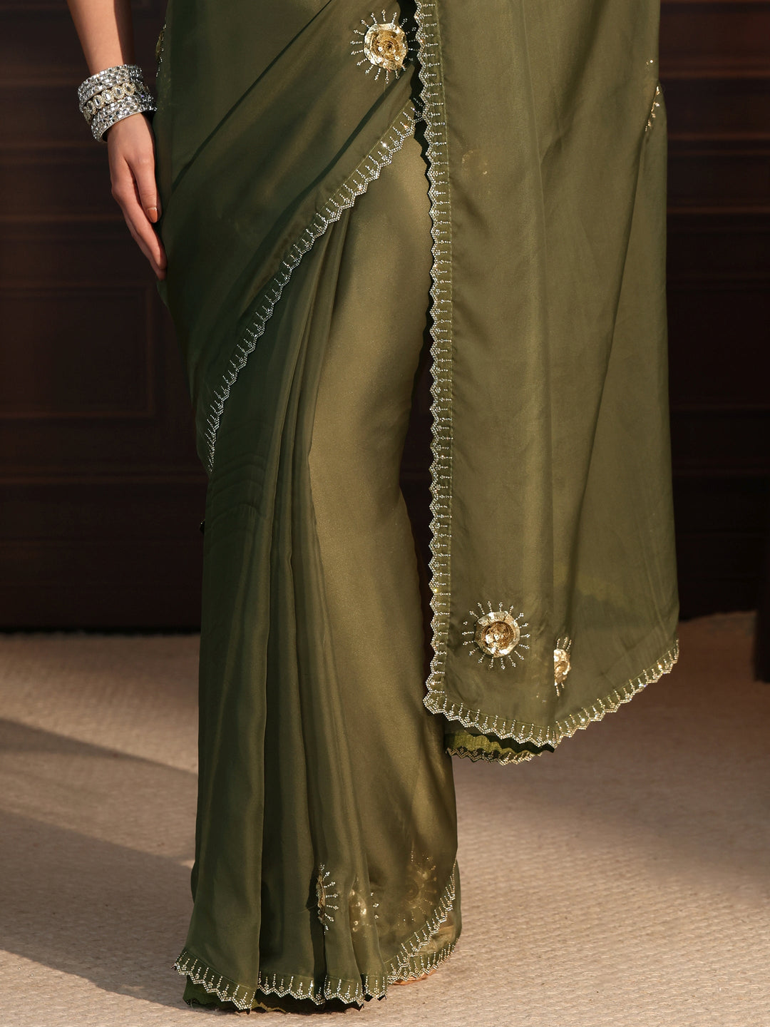 Libas Olive Green Embellished Organza Saree with Applique Design