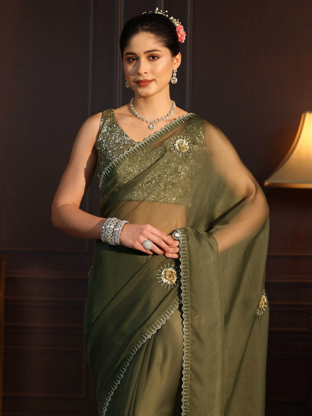 Libas Olive Green Embellished Organza Saree with Applique Design