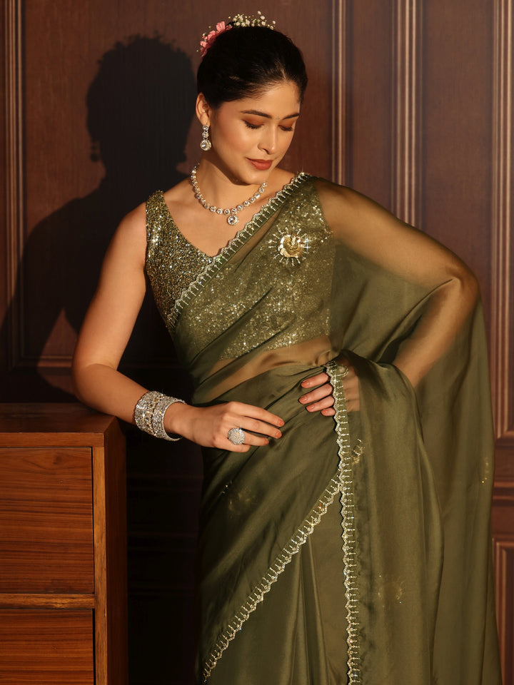 Libas Olive Green Embellished Organza Saree with Applique Design