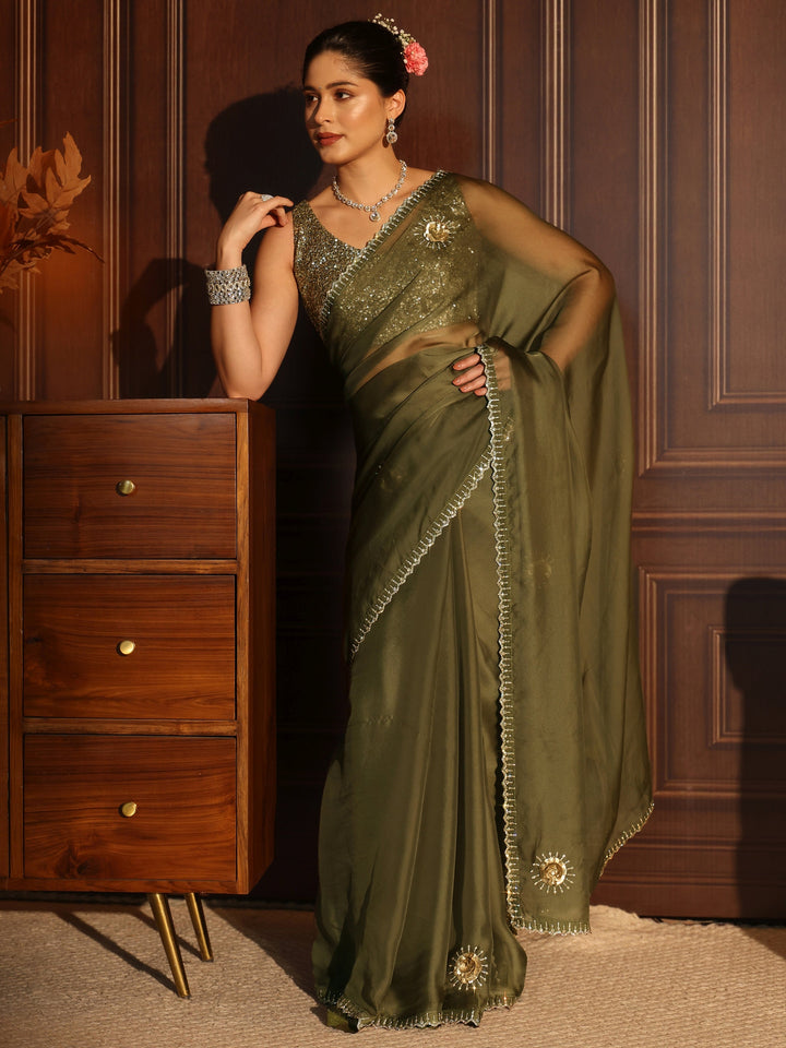 Libas Olive Green Embellished Organza Saree with Applique Design