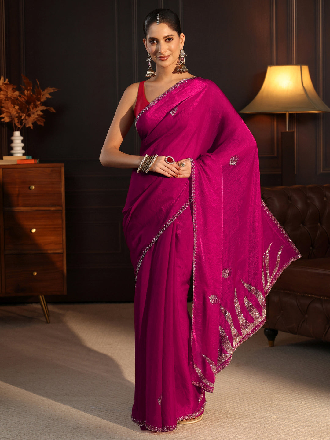 Libas Magenta Pink Stone Work Embellished Tissue Saree