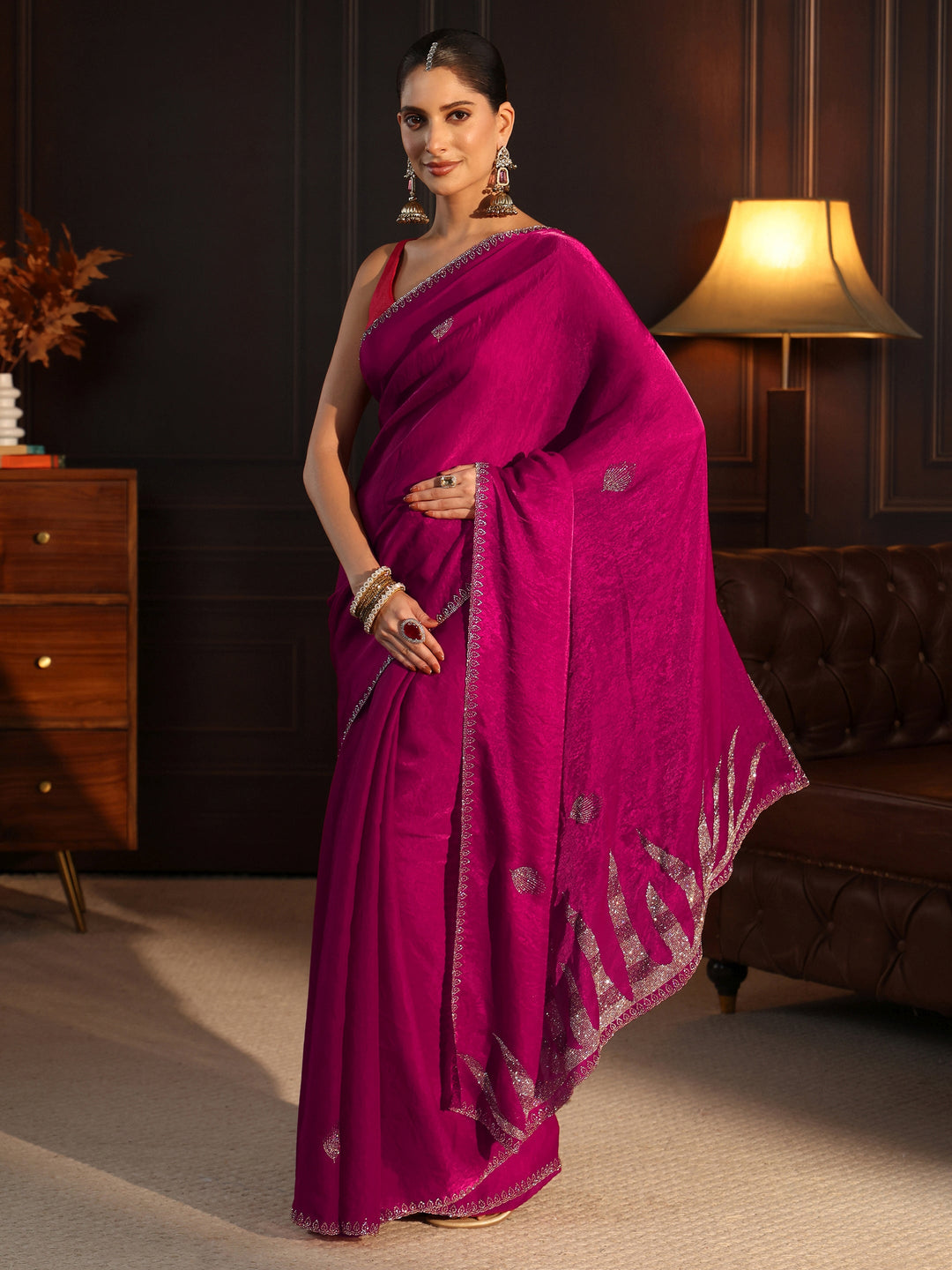 Libas Magenta Pink Stone Work Embellished Tissue Saree