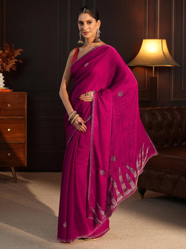 Libas Magenta Pink Stone Work Embellished Tissue Saree