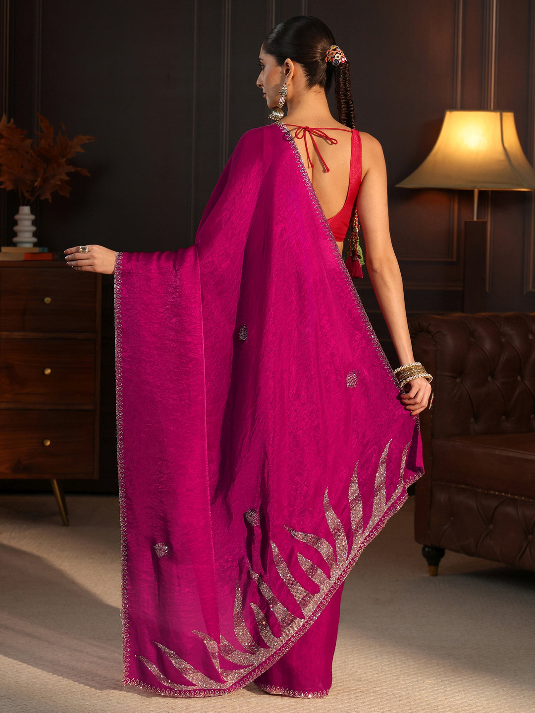 Libas Magenta Pink Stone Work Embellished Tissue Saree