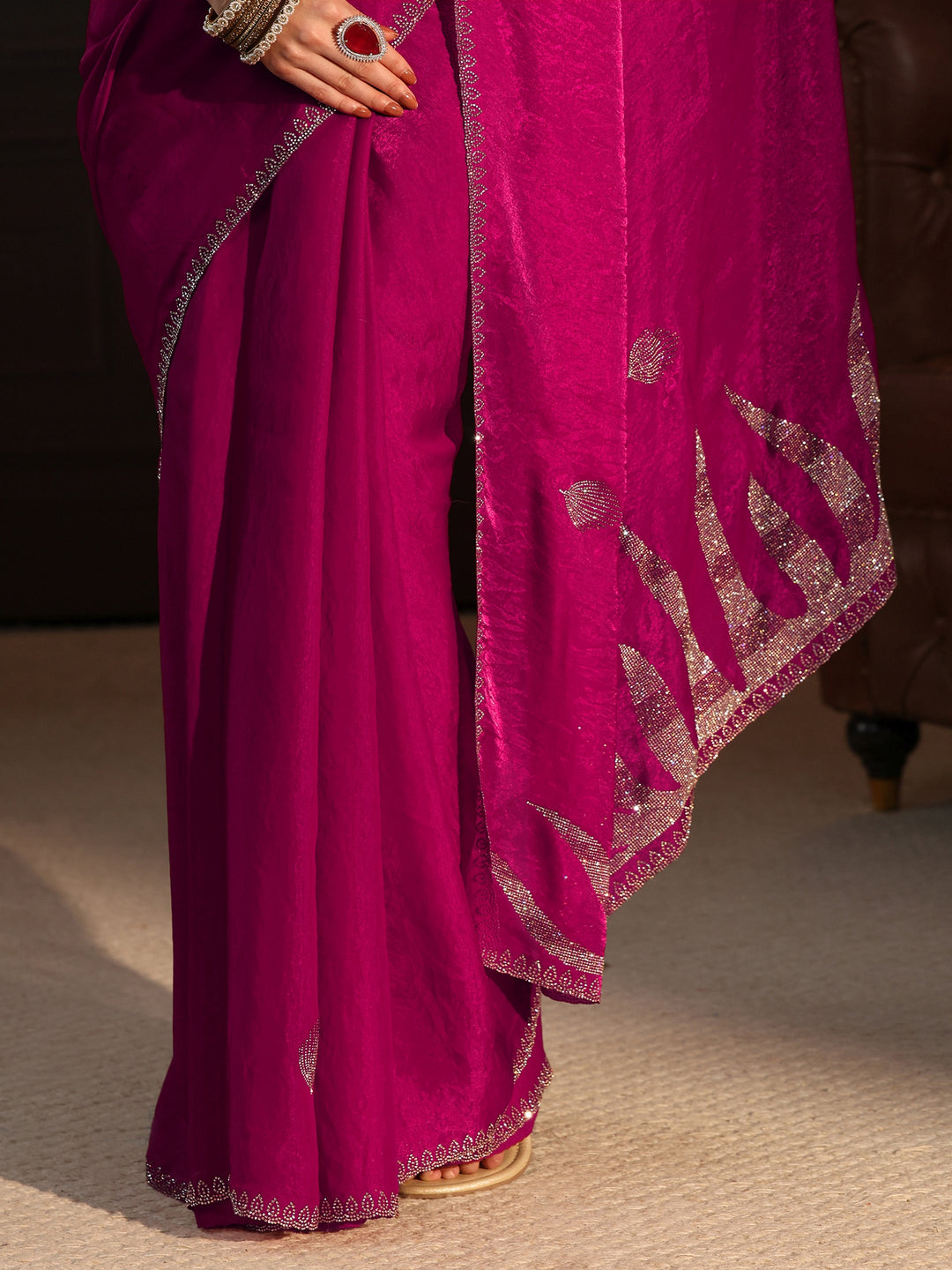 Libas Magenta Pink Stone Work Embellished Tissue Saree